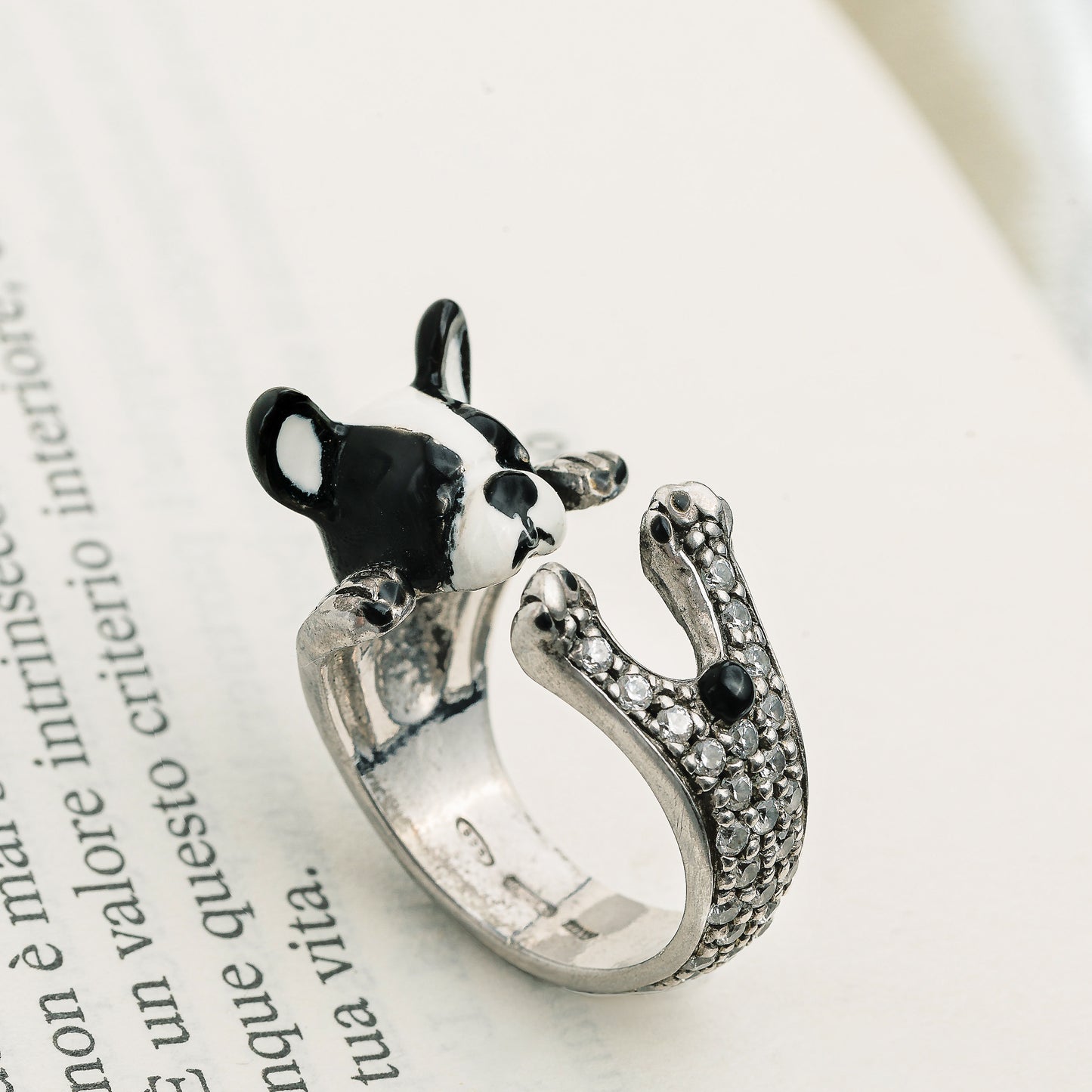 BullDog Francese argento 925 ring argento scolpito dog lover - - amante dei cani - smaltato - My Silver pet ring dog hug : french bull dog