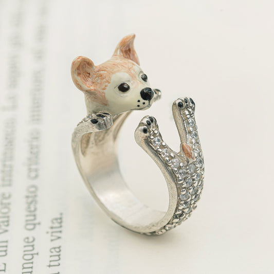 Chihuahua/ Pincher argento 925 dog ring argento scolpito dog lover  amante dei cani - smaltato - My Silver pet ring dog hug :  stone