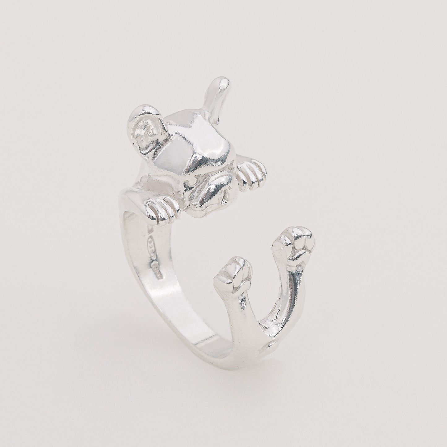 Bulldog francese ring- argento scolpito - - dog lover - - amante dei cani - smaltato - My Silver pet ring dog hug : french bull dog