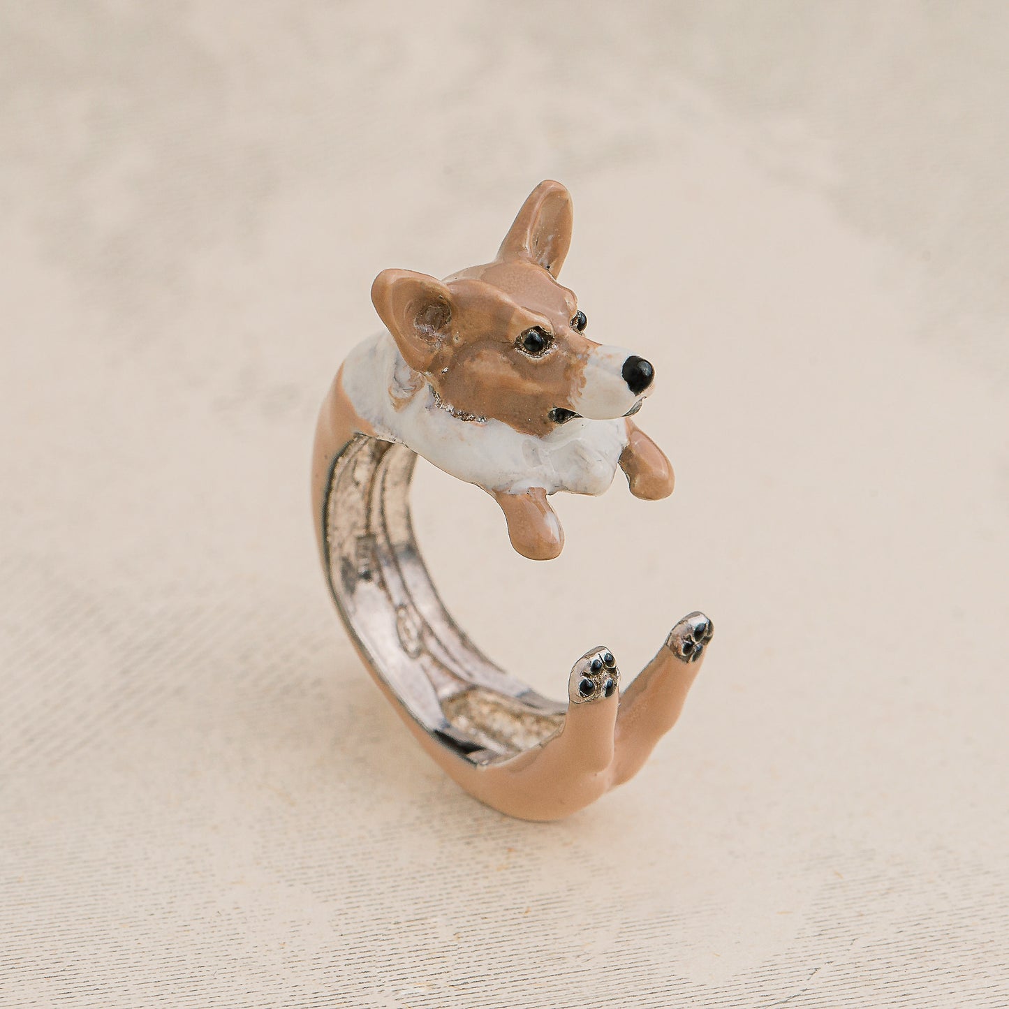 Corgie Anello argento 925 dog ring- argento scolpito - - dog lover - - amante dei cani - smaltato - My Silver pet ring dog hug : Corgi