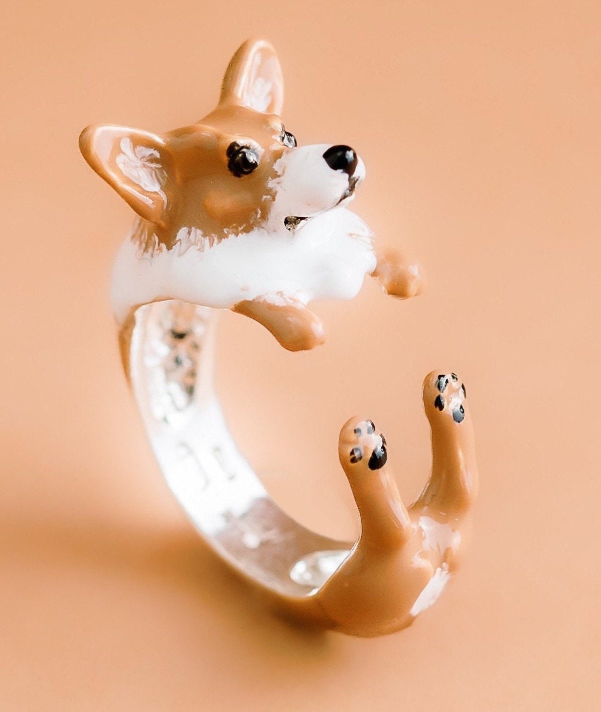 Corgie Anello argento 925 dog ring- argento scolpito - - dog lover - - amante dei cani - smaltato - My Silver pet ring dog hug : Corgi