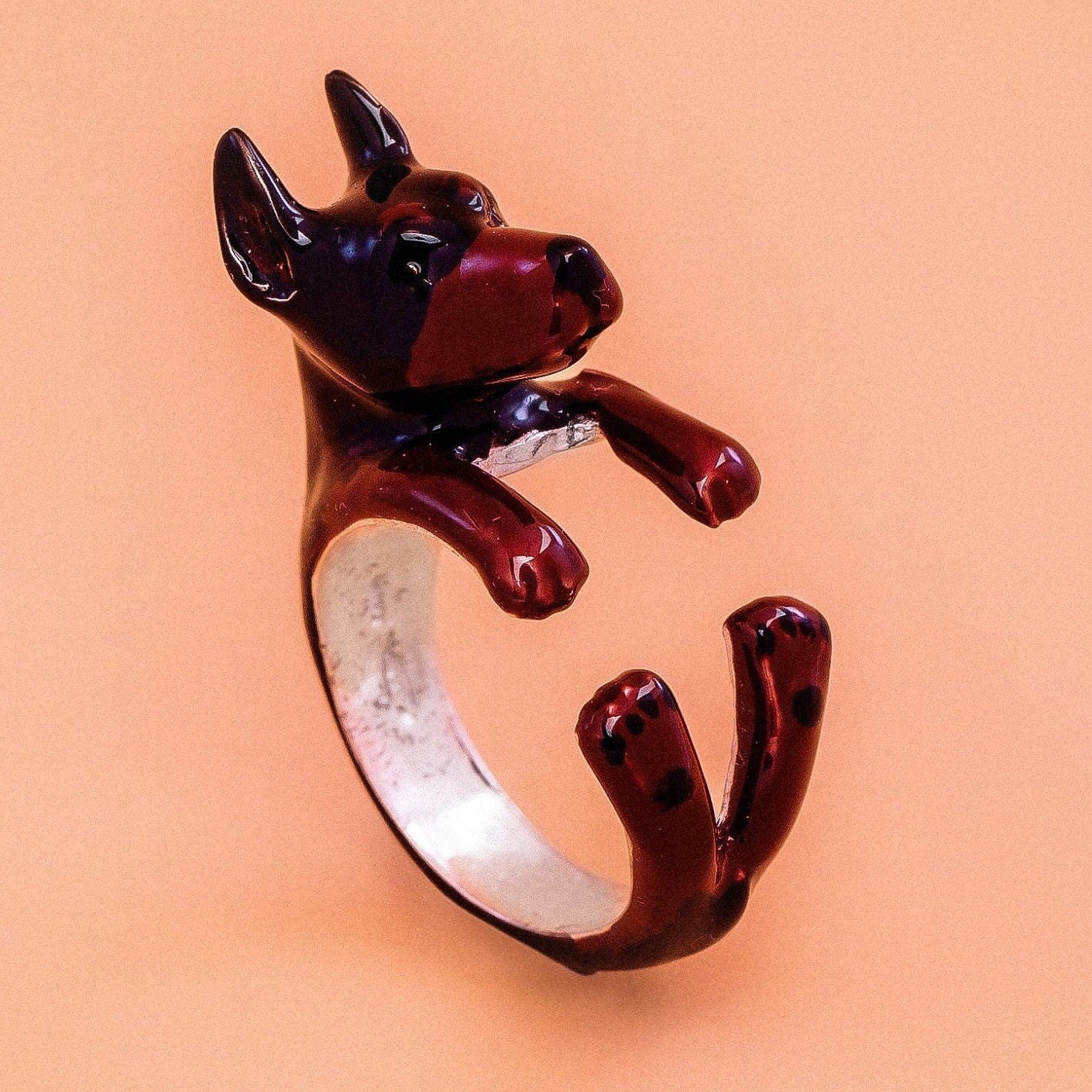 Dobermann argento 925 dog ring- argento - enamel jewelry - dog lover - - amante dei cani - smaltato - My Silver pet ring dog hug : dobermann