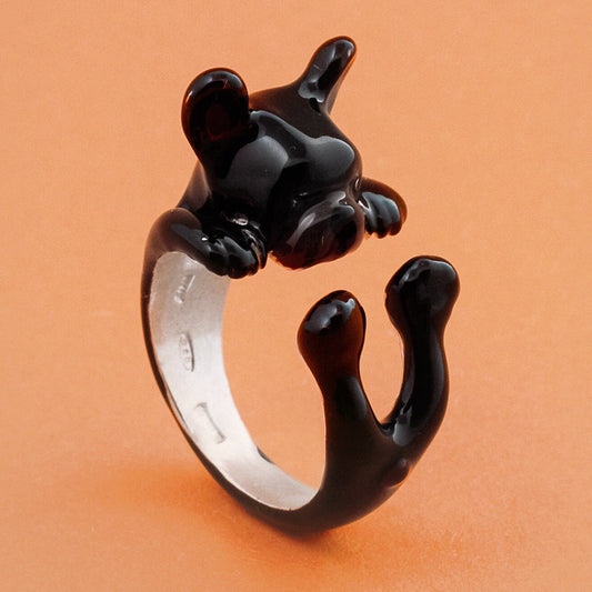 Bull dog Francese dog ring-argento enamel jewelry - dog lover - - amante dei cani - smaltato Silver pet ring dog hug : french bull dog